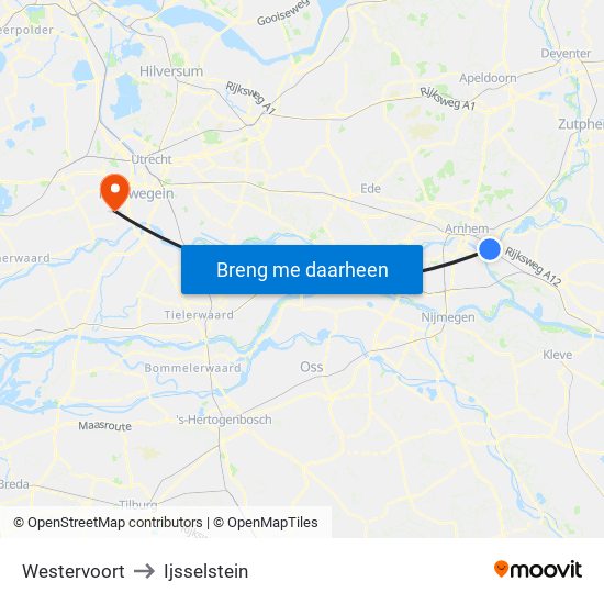 Westervoort to Ijsselstein map