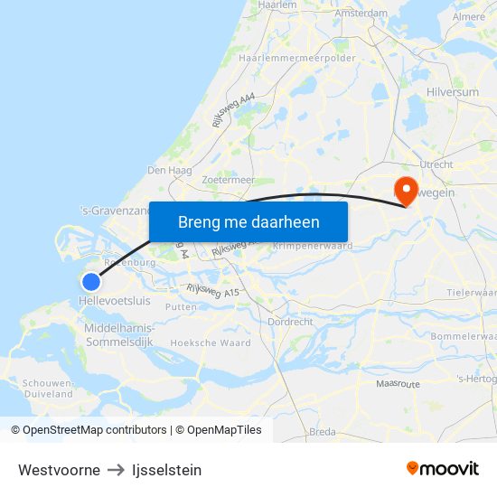 Westvoorne to Ijsselstein map