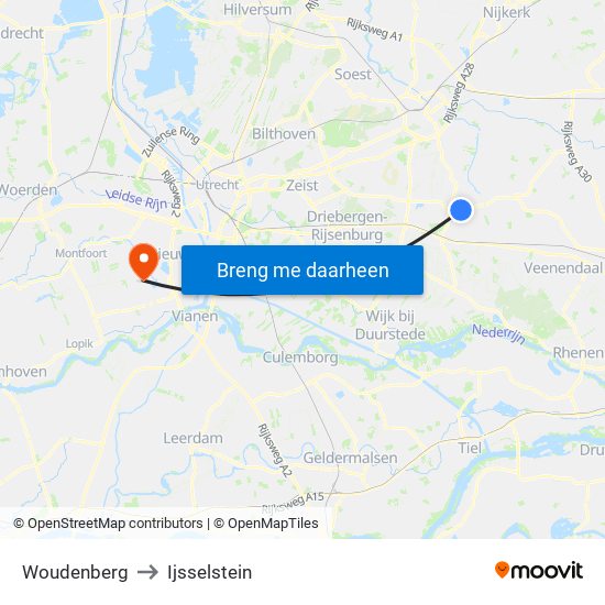 Woudenberg to Ijsselstein map