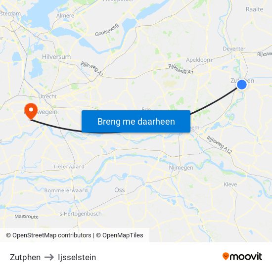 Zutphen to Ijsselstein map