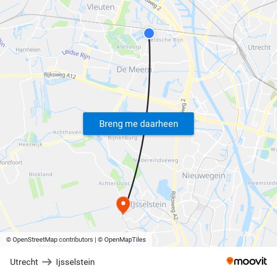 Utrecht to Ijsselstein map