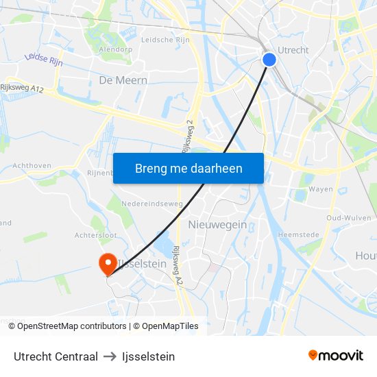 Utrecht Centraal to Ijsselstein map