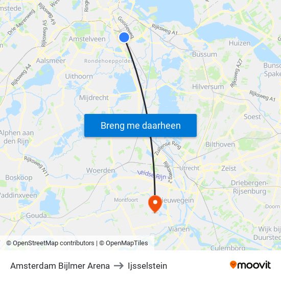 Amsterdam Bijlmer Arena to Ijsselstein map