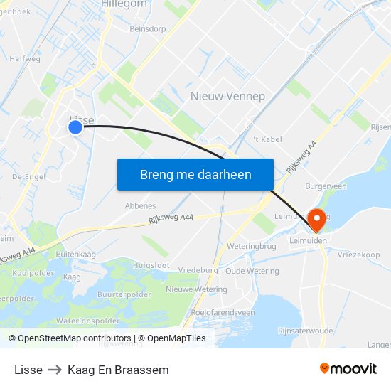 Lisse to Kaag En Braassem map