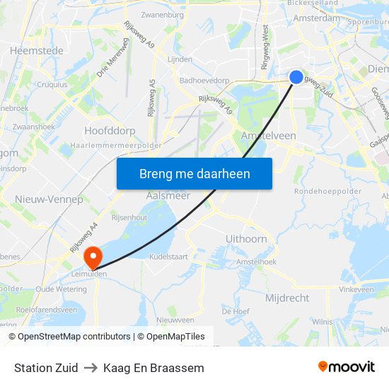 Station Zuid to Kaag En Braassem map