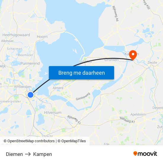 Diemen to Kampen map