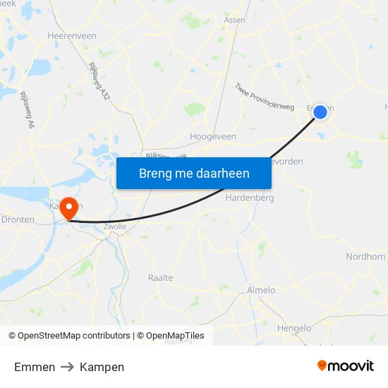 Emmen to Kampen map