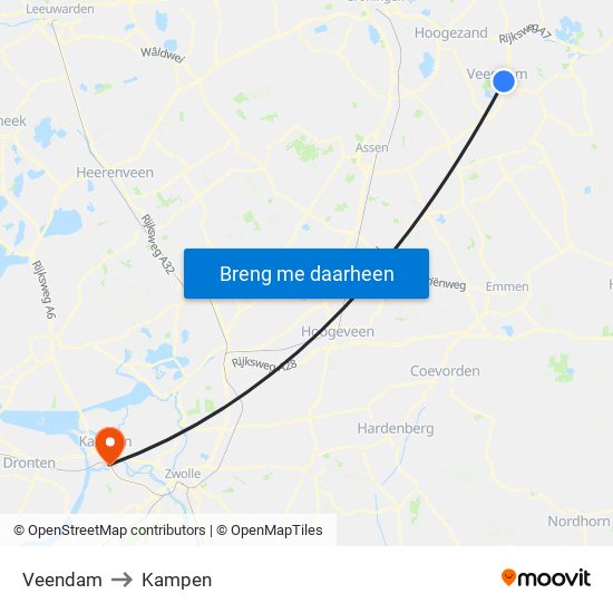 Veendam to Kampen map