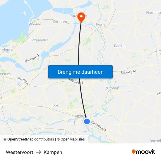 Westervoort to Kampen map