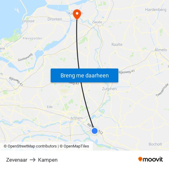 Zevenaar to Kampen map