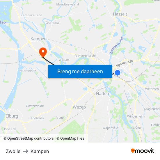 Zwolle to Kampen map