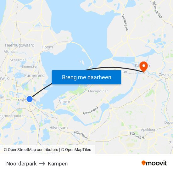 Noorderpark to Kampen map