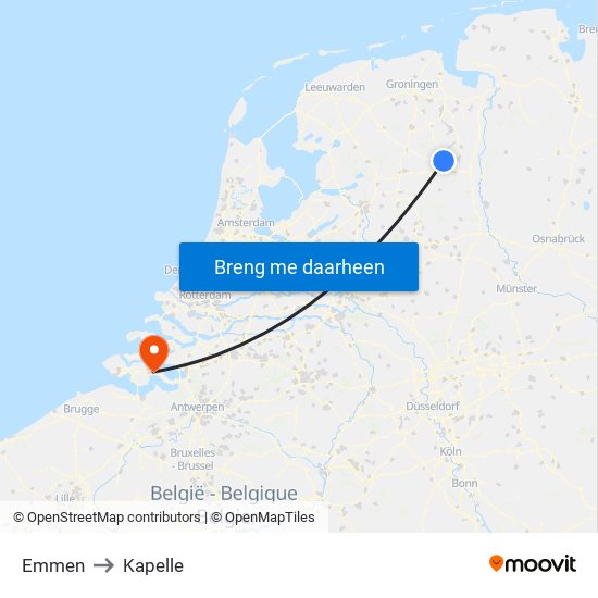 Emmen to Kapelle map