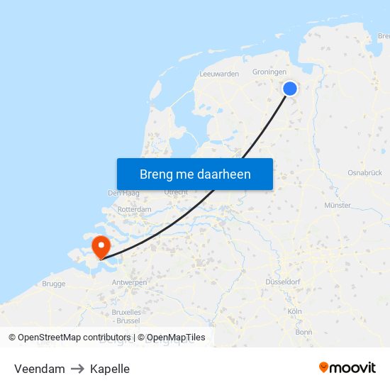Veendam to Kapelle map