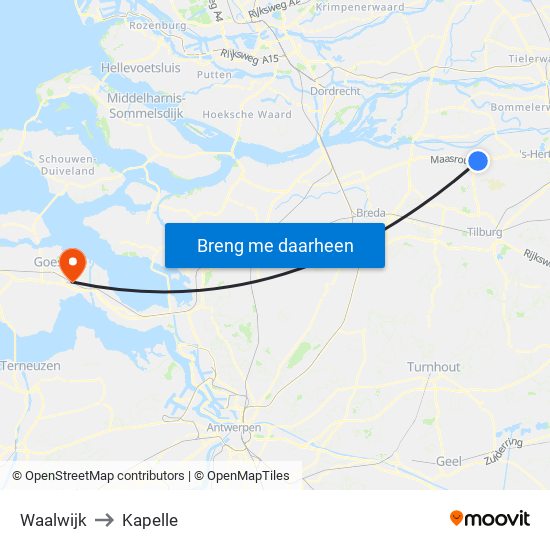 Waalwijk to Kapelle map