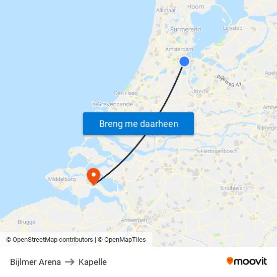 Bijlmer Arena to Kapelle map