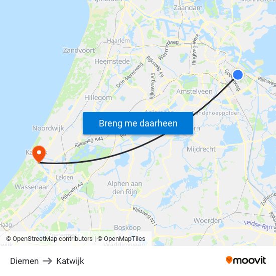 Diemen to Katwijk map