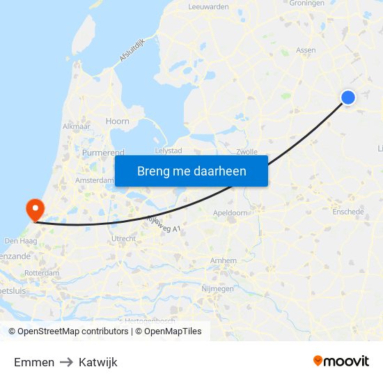 Emmen to Katwijk map