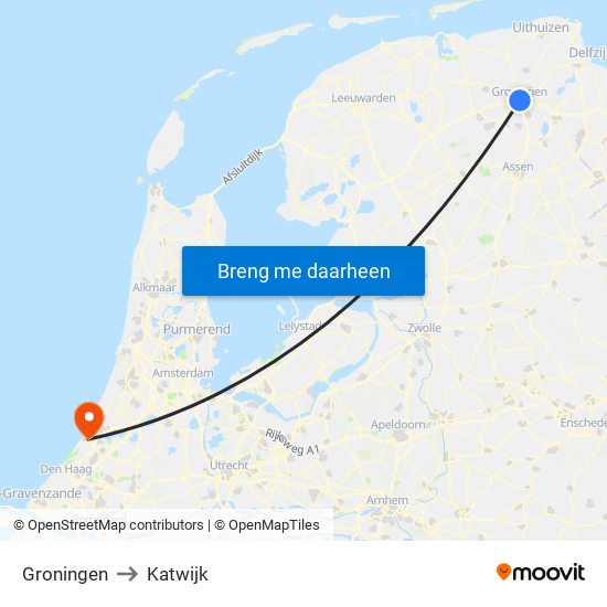Groningen to Katwijk map