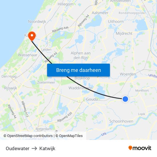 Oudewater to Katwijk map