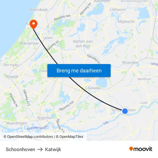 Schoonhoven to Katwijk map