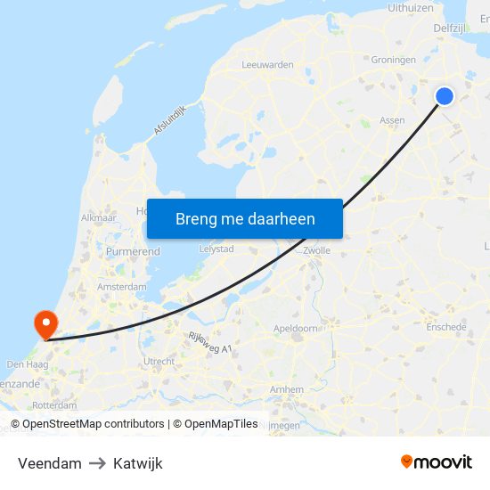 Veendam to Katwijk map