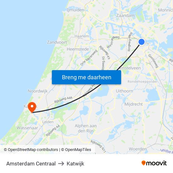 Amsterdam Centraal to Katwijk map