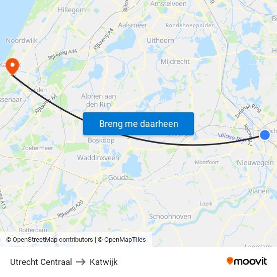 Utrecht Centraal to Katwijk map
