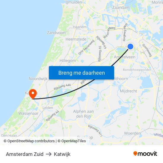 Amsterdam Zuid to Katwijk map