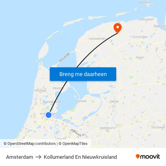 Amsterdam to Kollumerland En Nieuwkruisland map