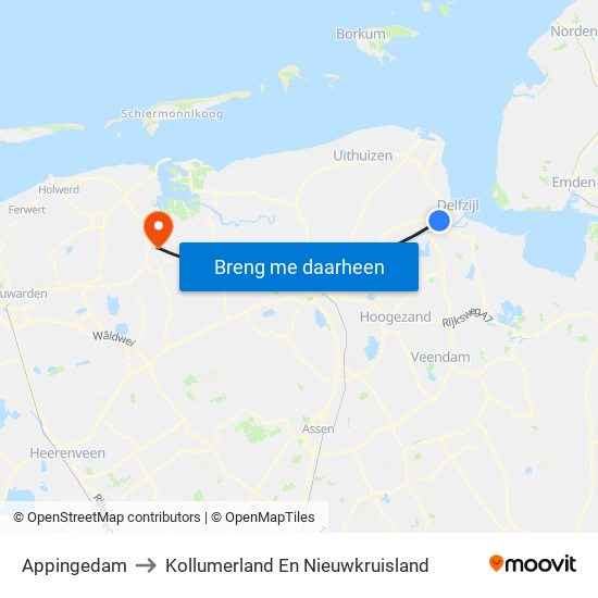 Appingedam to Kollumerland En Nieuwkruisland map