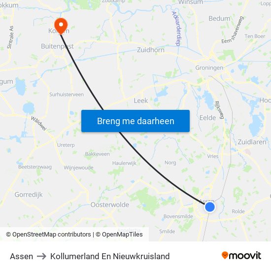 Assen to Kollumerland En Nieuwkruisland map
