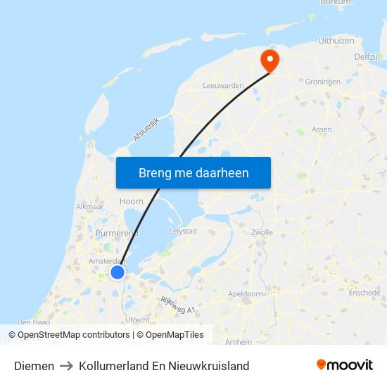 Diemen to Kollumerland En Nieuwkruisland map