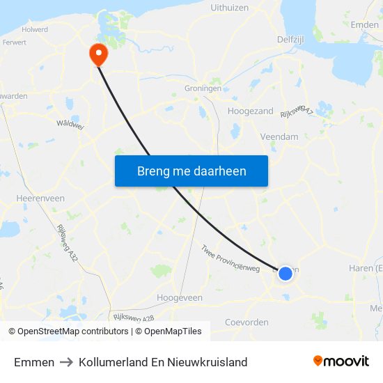 Emmen to Kollumerland En Nieuwkruisland map