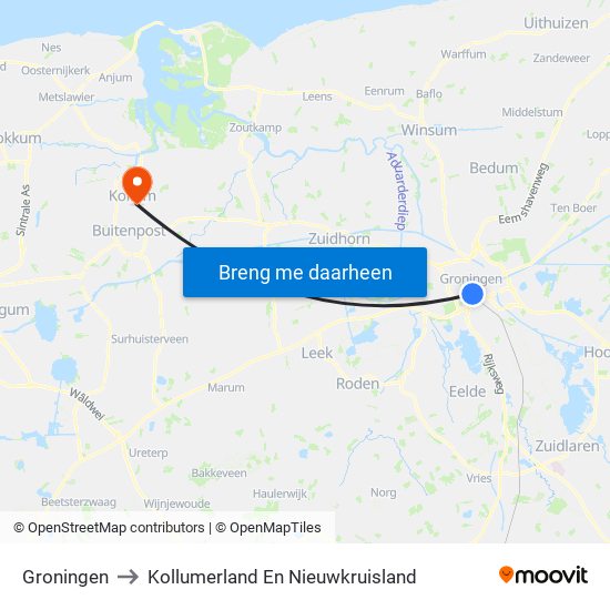 Groningen to Kollumerland En Nieuwkruisland map