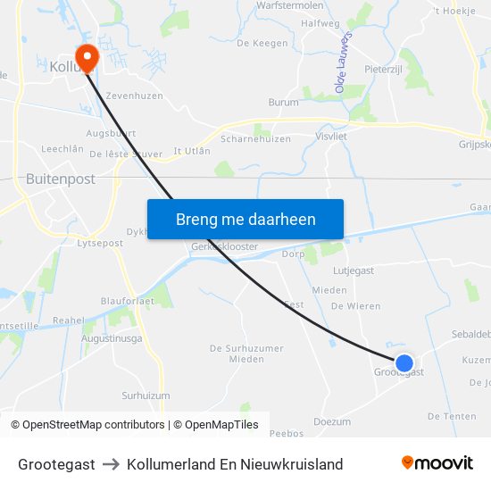 Grootegast to Kollumerland En Nieuwkruisland map