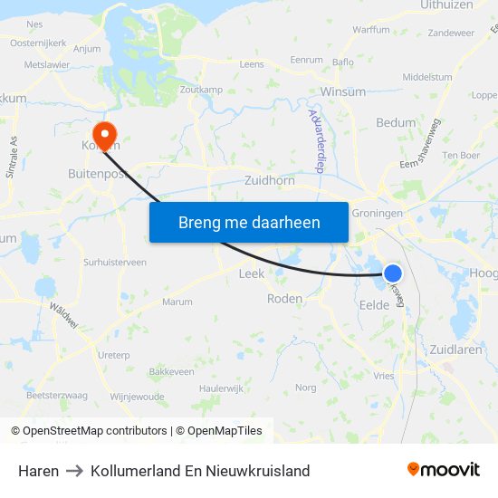 Haren to Kollumerland En Nieuwkruisland map
