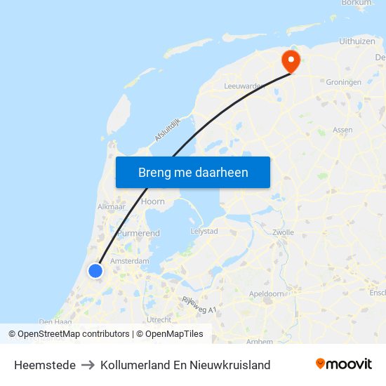Heemstede to Kollumerland En Nieuwkruisland map