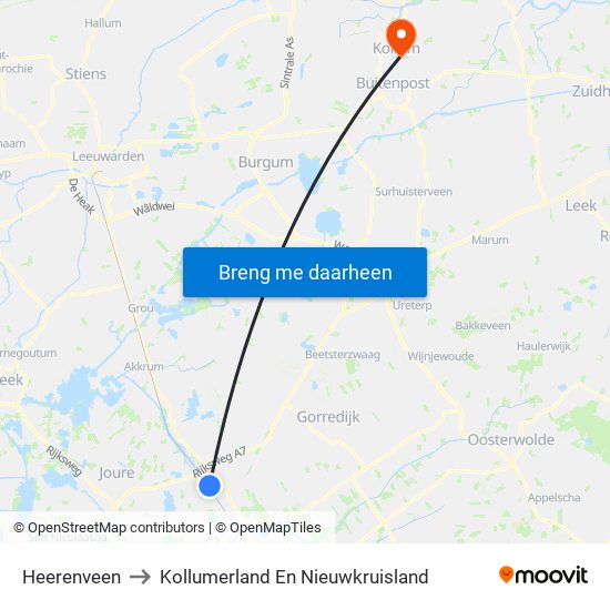 Heerenveen to Kollumerland En Nieuwkruisland map