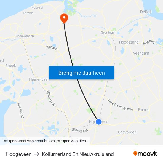Hoogeveen to Kollumerland En Nieuwkruisland map