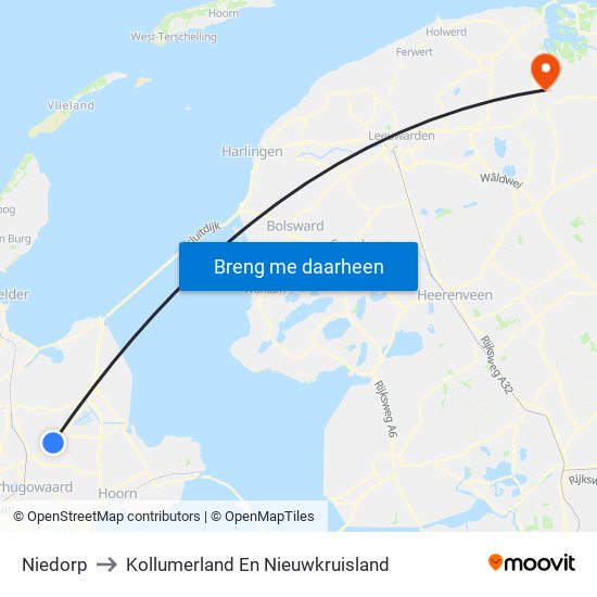 Niedorp to Kollumerland En Nieuwkruisland map