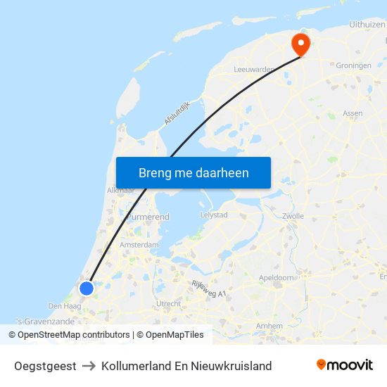 Oegstgeest to Kollumerland En Nieuwkruisland map