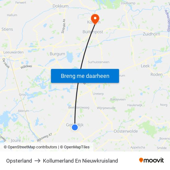 Opsterland to Kollumerland En Nieuwkruisland map