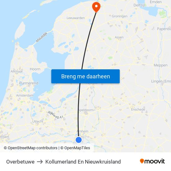 Overbetuwe to Kollumerland En Nieuwkruisland map