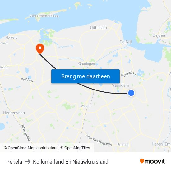 Pekela to Kollumerland En Nieuwkruisland map