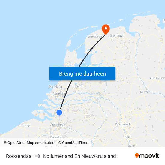 Roosendaal to Kollumerland En Nieuwkruisland map