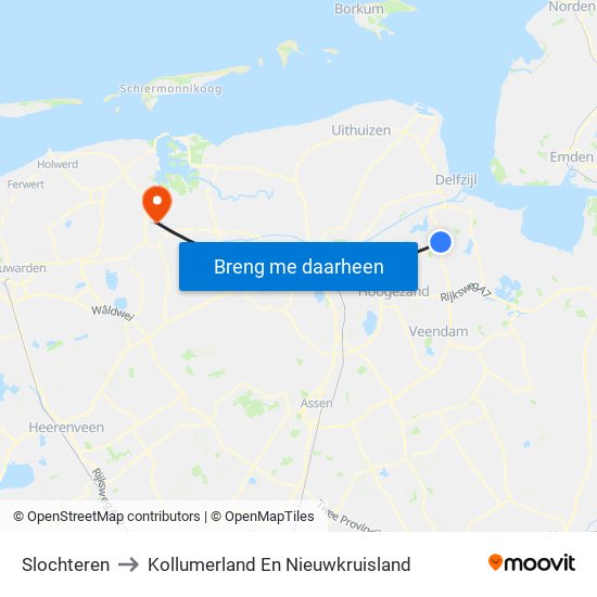 Slochteren to Kollumerland En Nieuwkruisland map