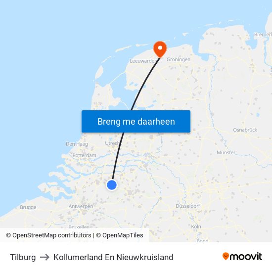 Tilburg to Kollumerland En Nieuwkruisland map