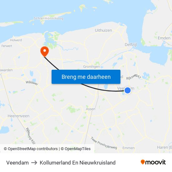 Veendam to Kollumerland En Nieuwkruisland map