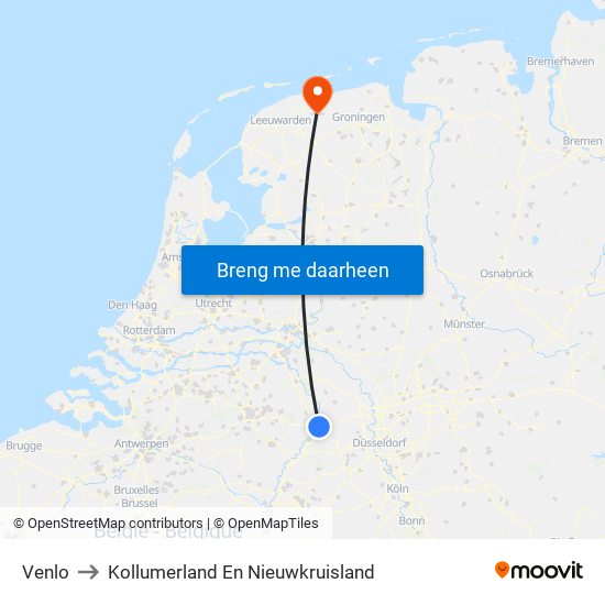 Venlo to Kollumerland En Nieuwkruisland map
